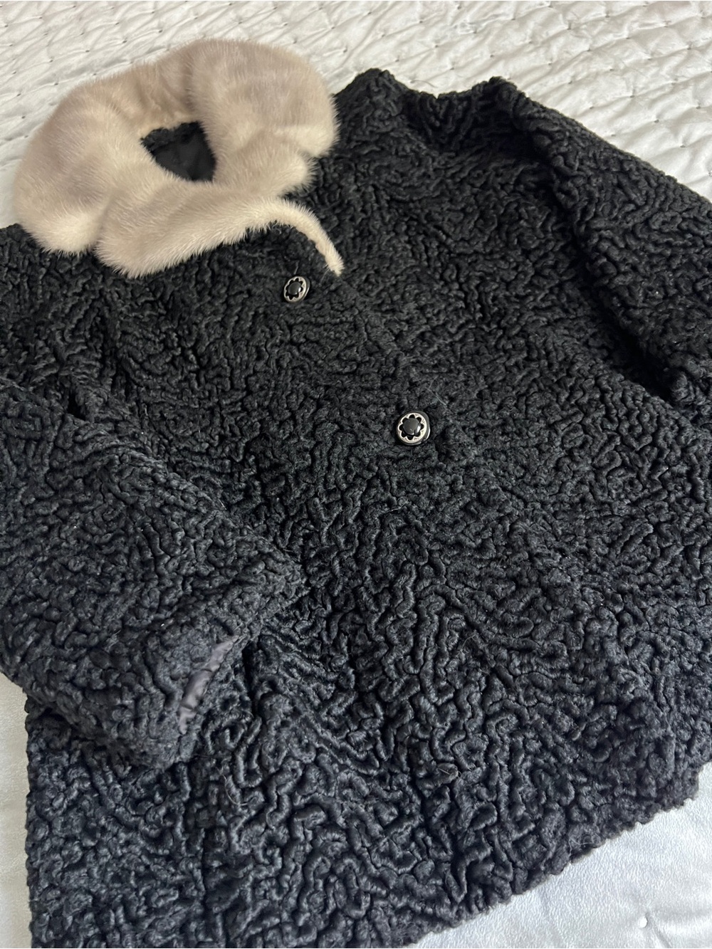 Vintage Black Persian Lamb Theater Coat Luxury Mink Fur Collar Opera Jacket - Picture 3 of 15